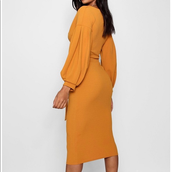 tall off the shoulder wrap midi bodycon dress